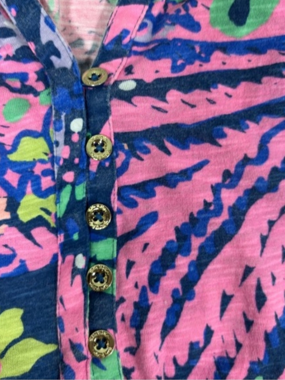 Lilly Pulitzer Gold Button Down V-Neck Blue Pink Green Floral Tank Top Large - Picture 6 of 7